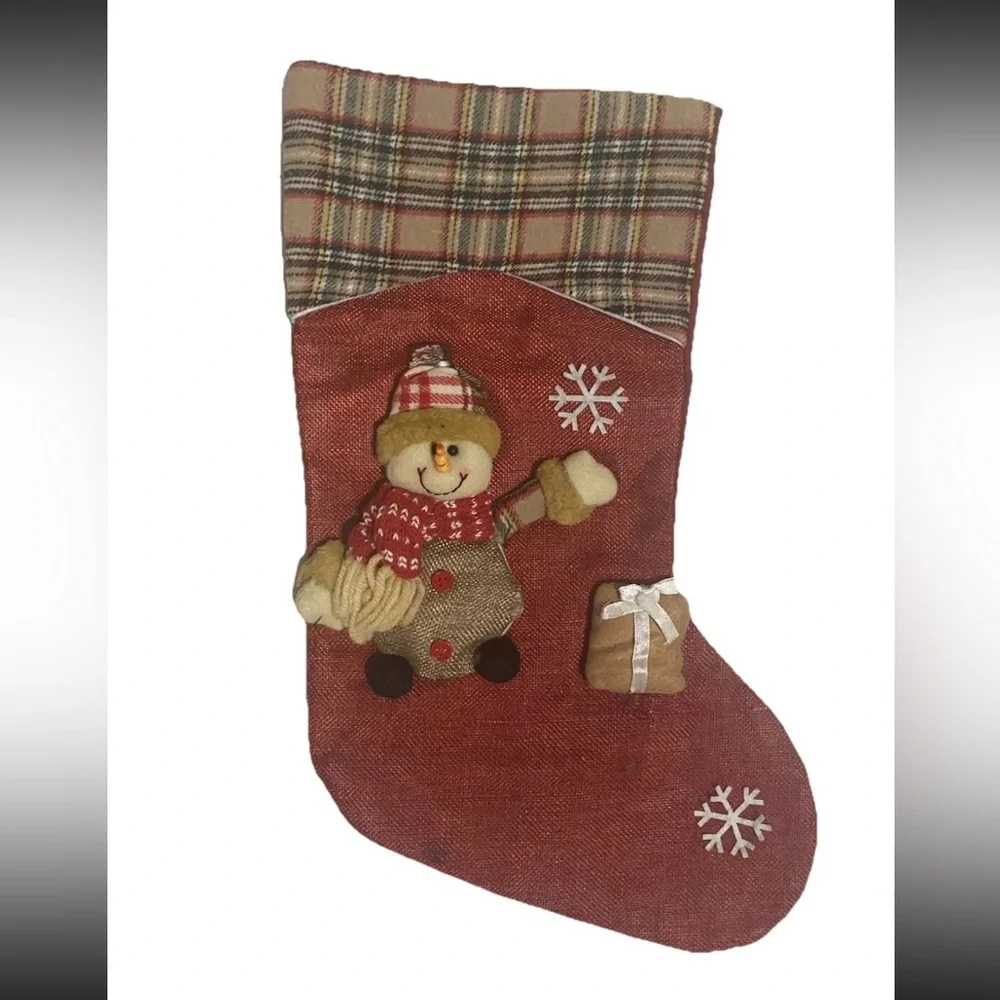 Christmas Snowman, Reindeer, & Santa Tan/Red/Black/Green Plaid Stocking Bundle